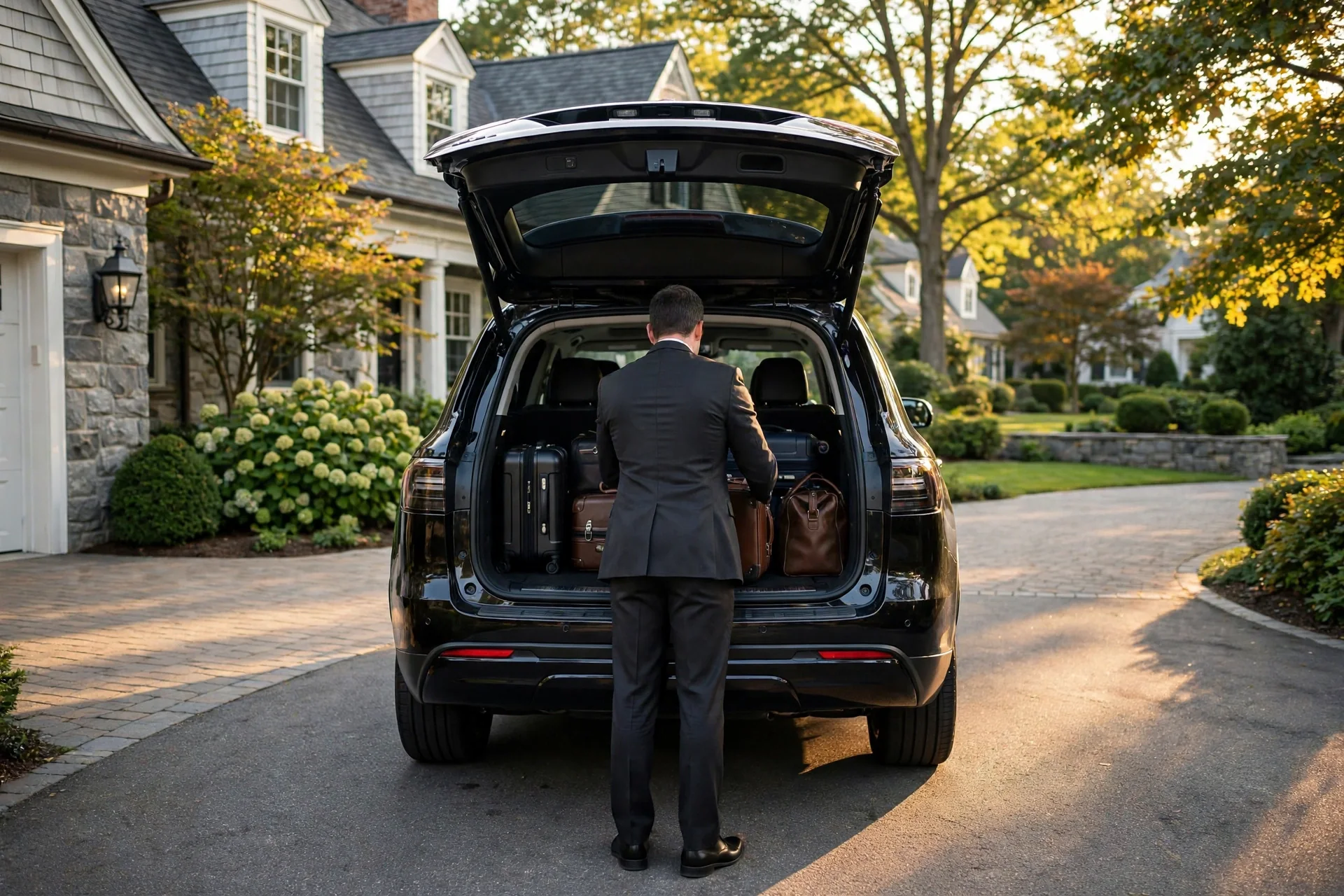 limo from JFK to Olive NY: black Sprinter van outside a stone manor event venue at dusk