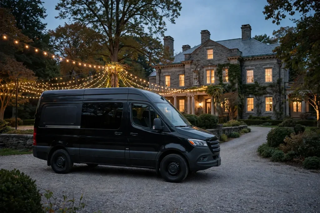 chauffeur loading suitcases into a black SUV in the driveway of a Westchester home