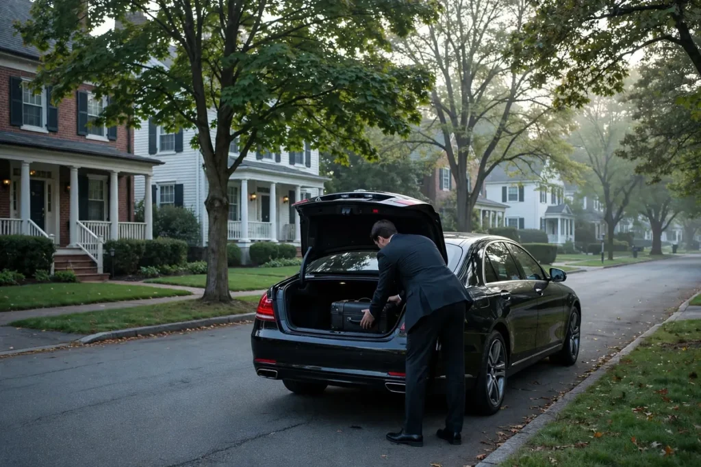 car service westchester: chauffeur loading a suitcase into a black sedan outside a colonial home in Westchester County before dawn
