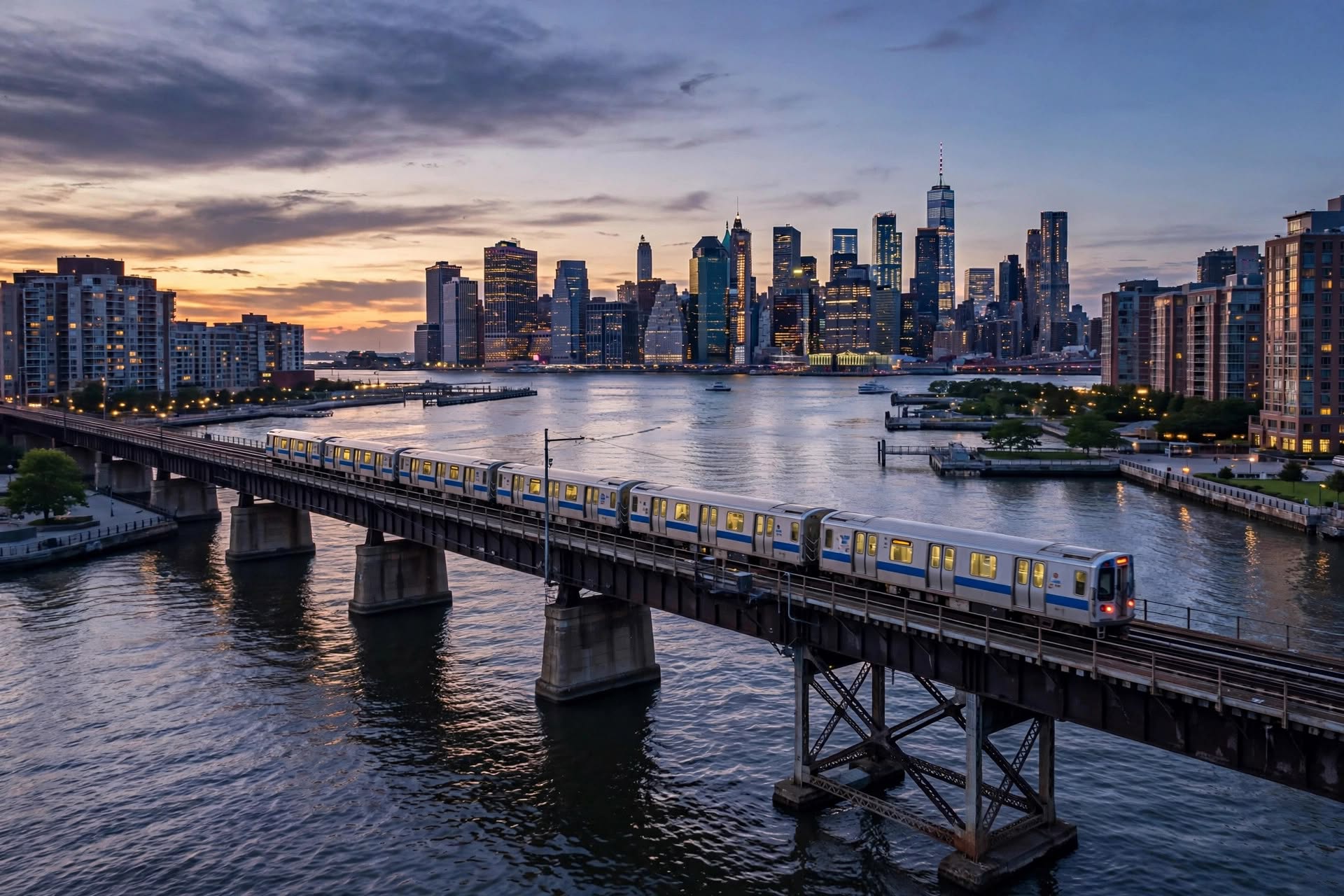 grand central to jersey city — PATH train crossing the Hudson toward Jersey City at dusk