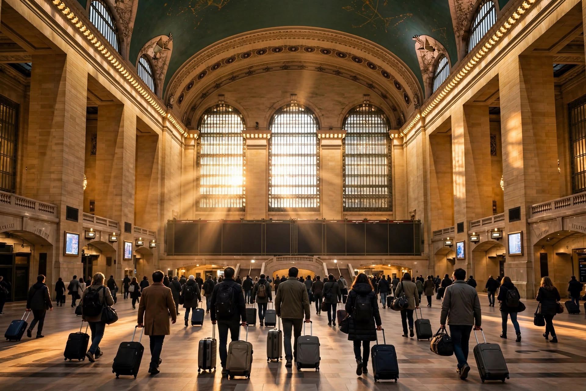 grand central to jersey city — Grand Central Terminal main concourse at golden hour with travelers and luggage