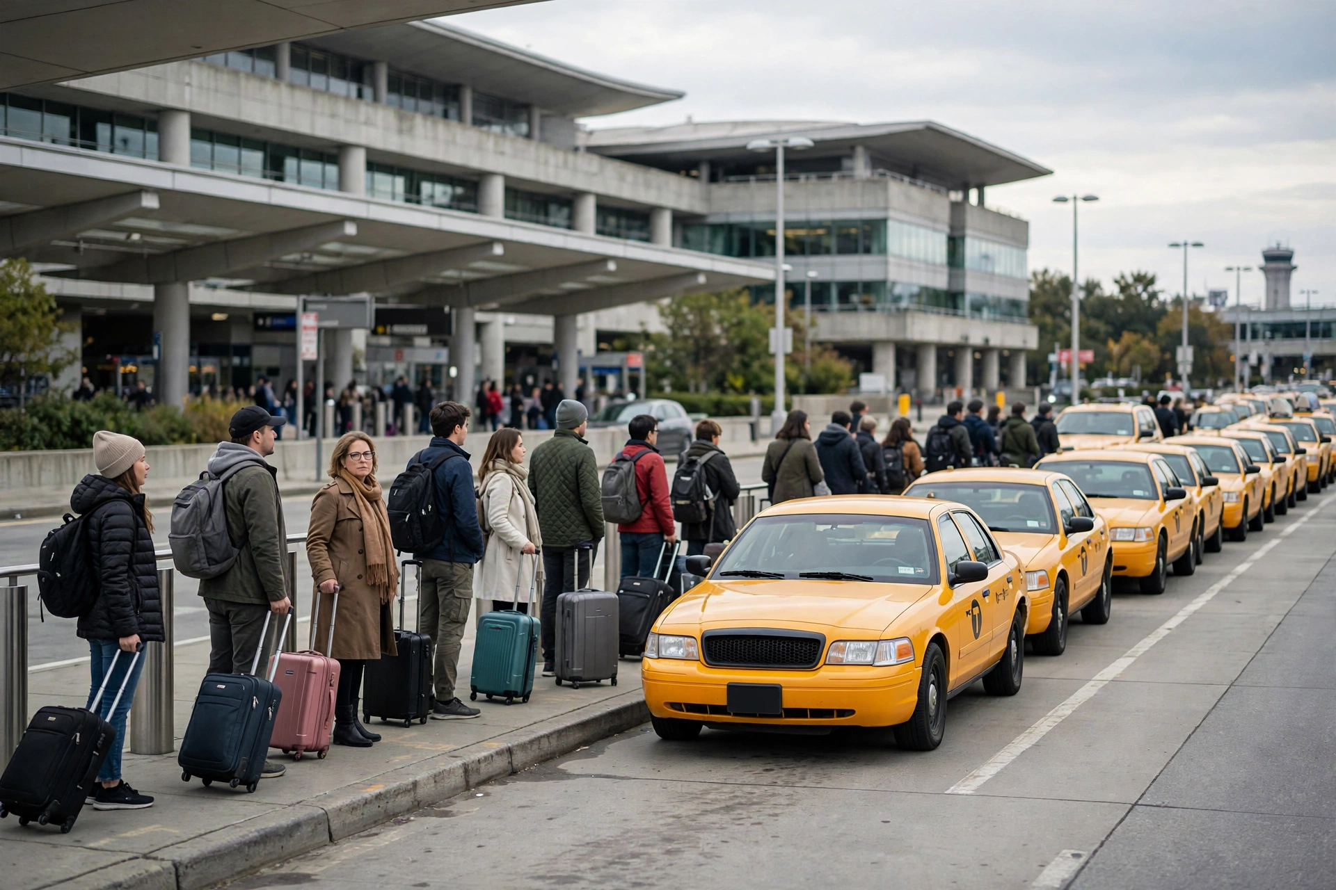 Airport Taxi Transfers Reviews: 7 Honest Cost Facts for 2026 2 October 13, 2026 airport taxi transfers reviews: yellow cabs queued at a JFK airport taxi stand with travelers and luggage
