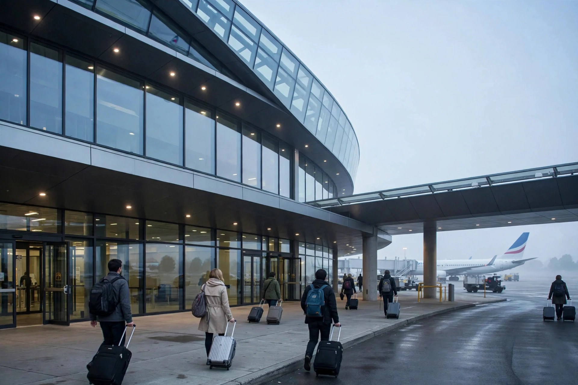 american airlines transfer from jfk to lga: travelers with luggage outside JFK Terminal 8 in the early morning