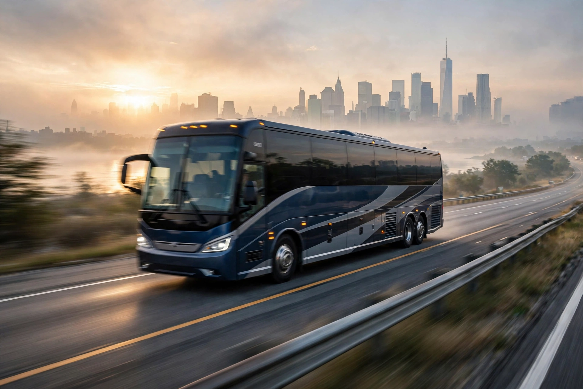 bus tours from boston to new york city: intercity coach bus on the highway toward the New York City skyline at sunrise