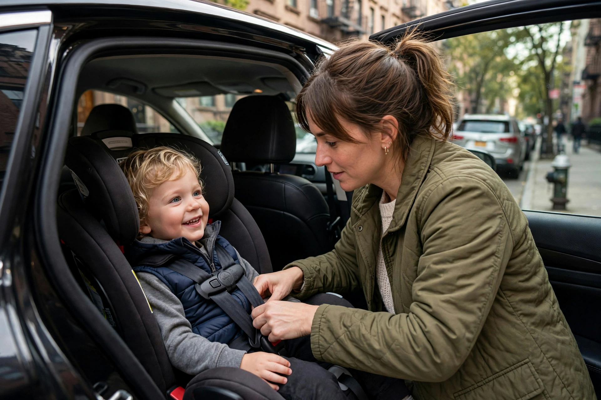 Book Taxi With Child Seat: The 2026 Parent's Booking Playbook 2 October 13, 2026 book taxi with child seat: parent securing a toddler into a pre-installed car seat inside a black sedan in Manhattan