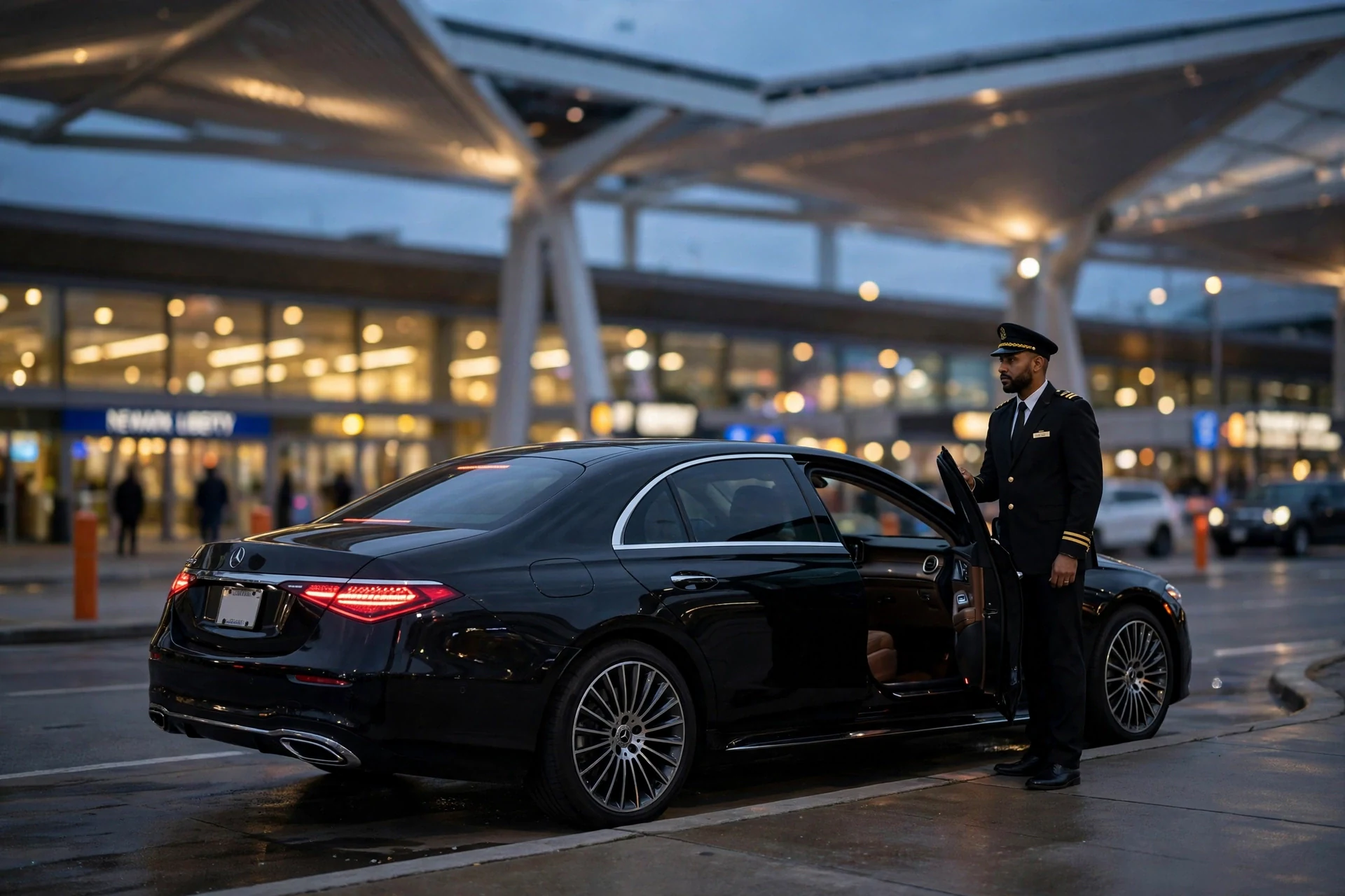 airport shuttle ewr to jfk: black luxury sedan with chauffeur at Newark Liberty International Airport departures curb at dusk