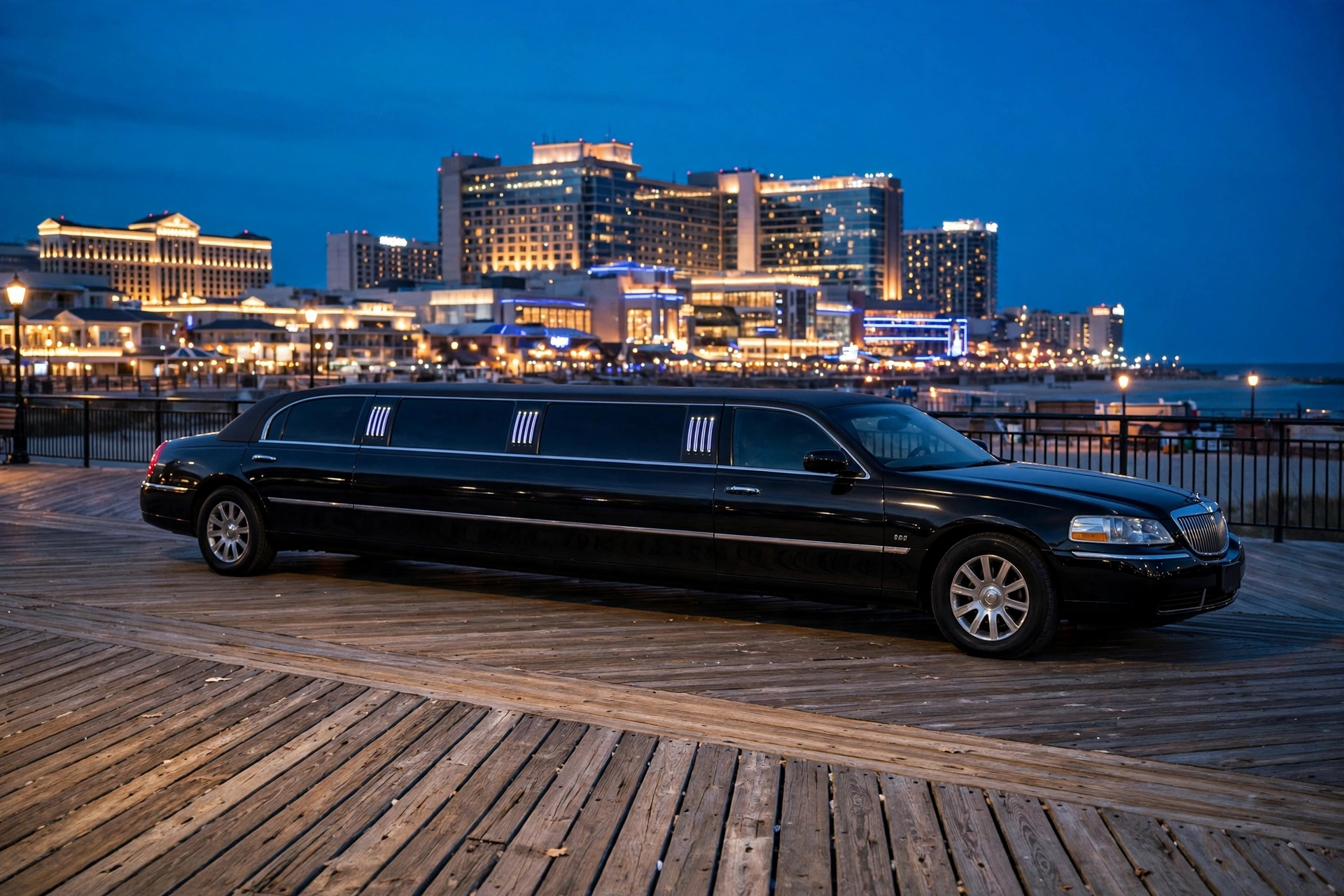 Atlantic City luxury black car service: black stretch limousine on the Atlantic City Boardwalk at blue hour
