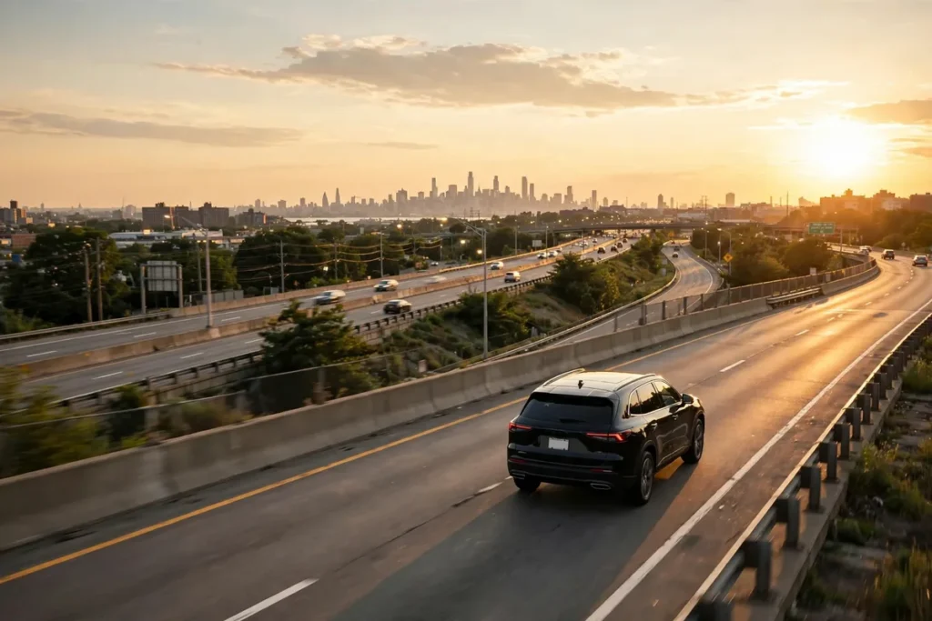 black SUV on the Grand Central Parkway in Queens heading toward JFK at golden hour
