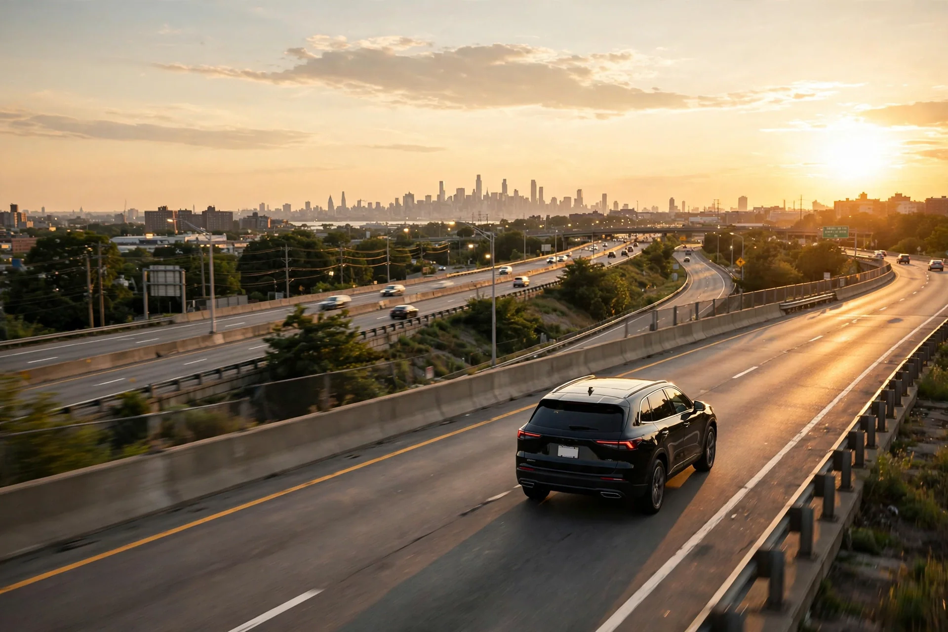 best limo service from JFK to Parkchester, the Bronx: black SUV on the Grand Central Parkway in Queens heading toward JFK at golden hour