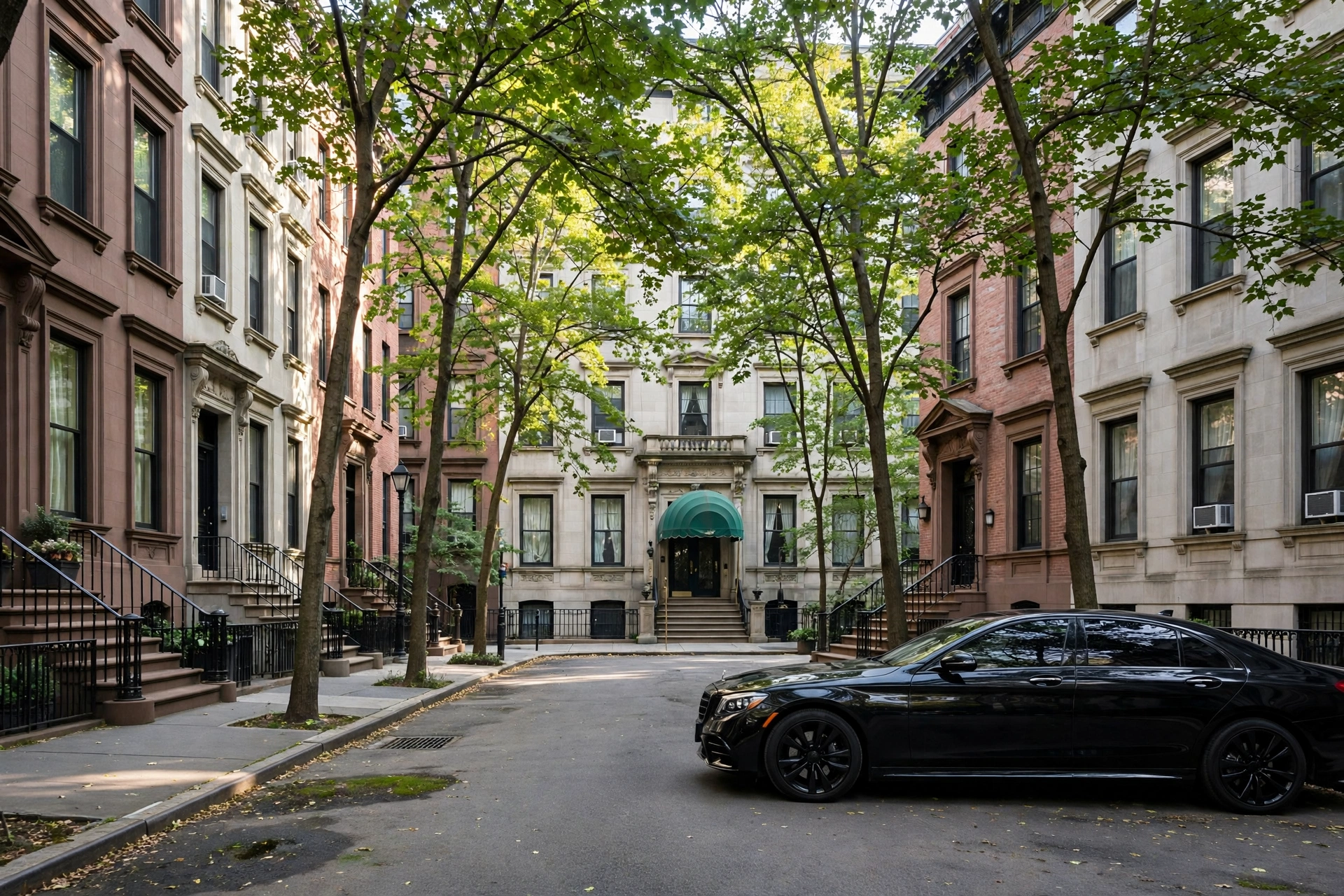 car rental ues: black sedan parked at the curb on a tree-lined Upper East Side brownstone street in the morning