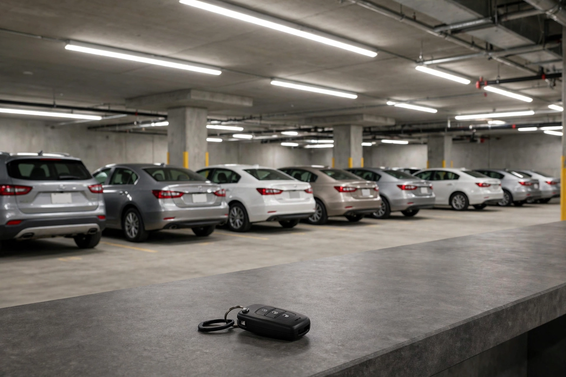 rental cars lined up inside a Manhattan parking garage with a key fob waiting on the pickup counter